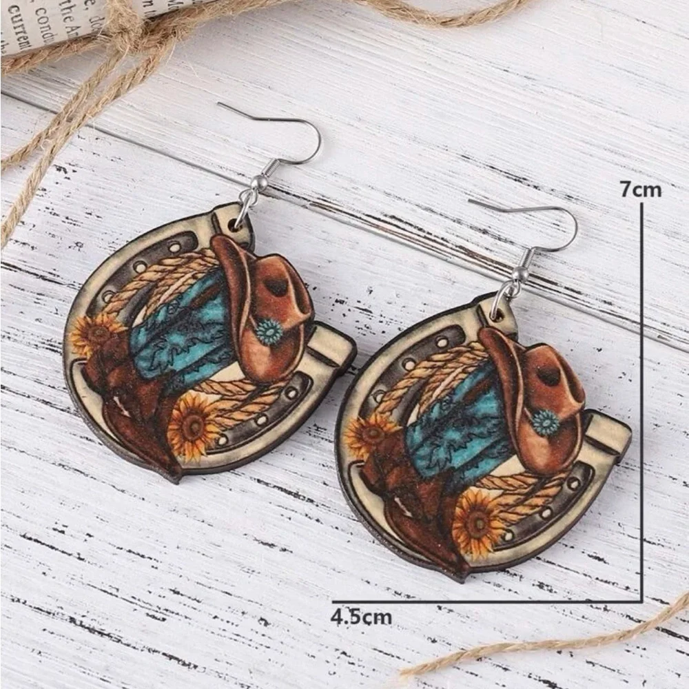 Boho festival western style wood earrings with boot, hat & horseshoe design
